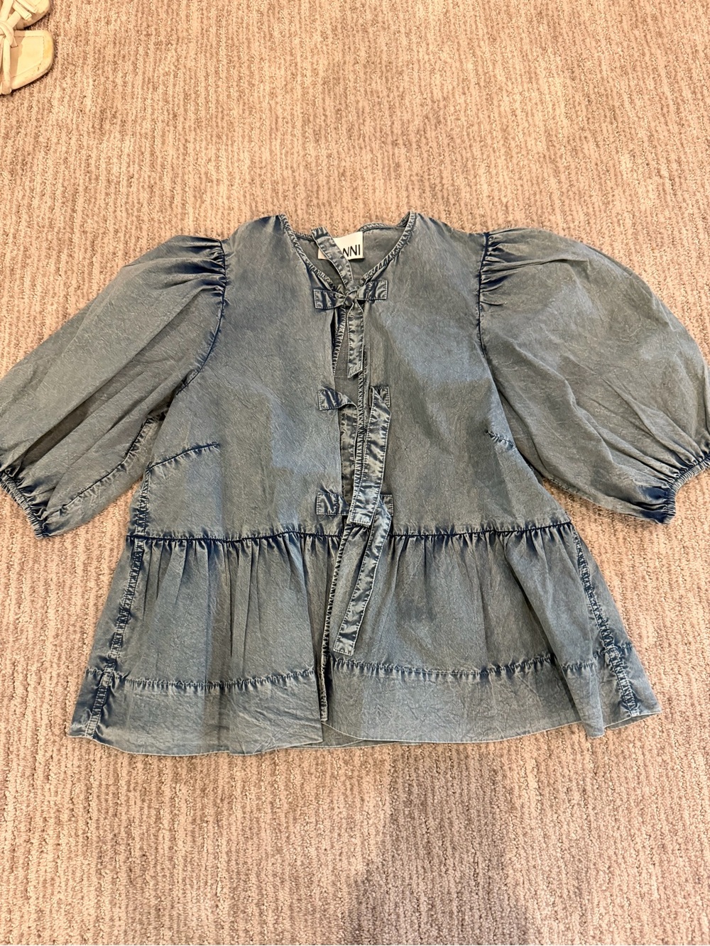 GANNI Denim Peplum Puff-Sleeve Blouse